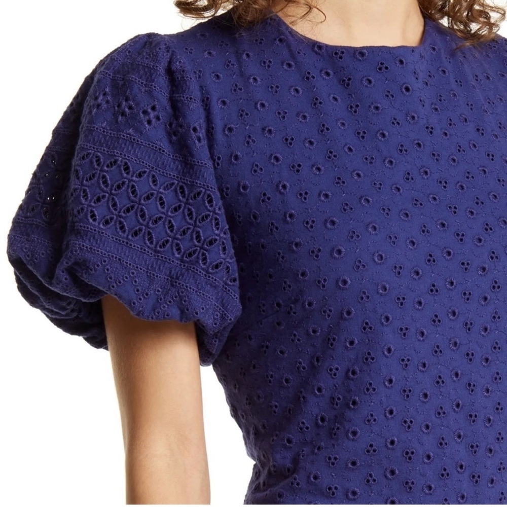 Free People Apricot Rose Puff Sleeve Eyelet Dress Living Indigo Size Medium NWT - Picture 7 of 10
